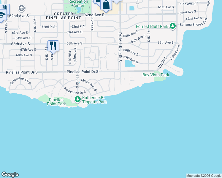 map of restaurants, bars, coffee shops, grocery stores, and more near 7220 Sunshine Drive South in St. Petersburg