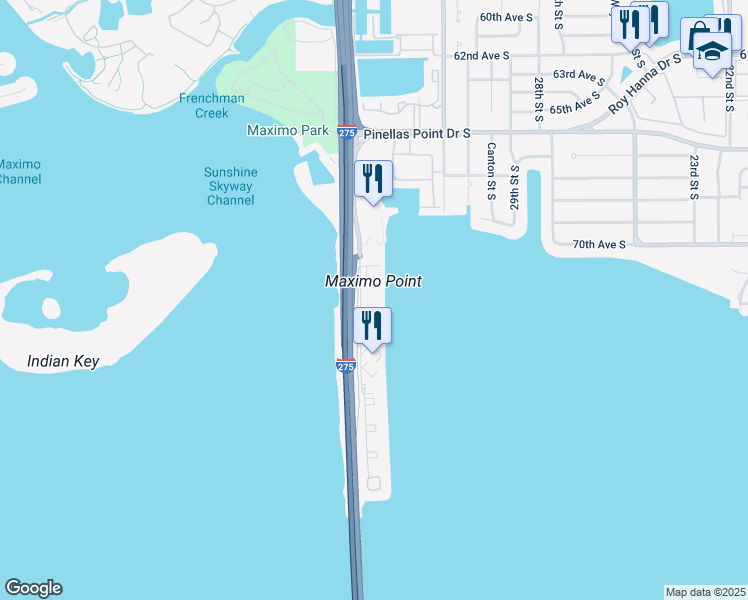 map of restaurants, bars, coffee shops, grocery stores, and more near 7200 Sunshine Skyway Lane South in St. Petersburg