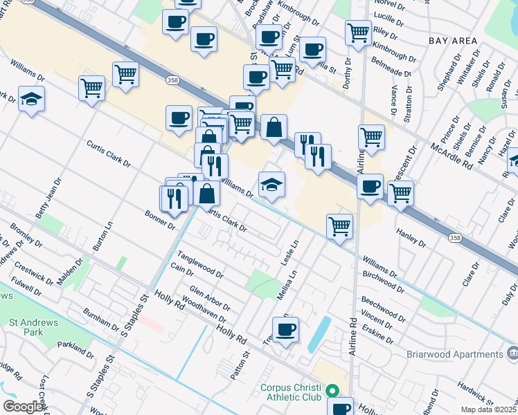 map of restaurants, bars, coffee shops, grocery stores, and more near 2 Curtis Clark Drive in Corpus Christi