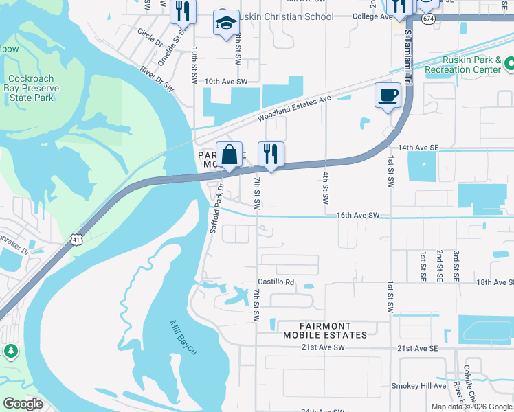 map of restaurants, bars, coffee shops, grocery stores, and more near 608 16th Avenue Southwest in Ruskin