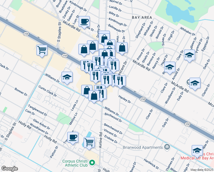 map of restaurants, bars, coffee shops, grocery stores, and more near 1502 Airline Road in Corpus Christi