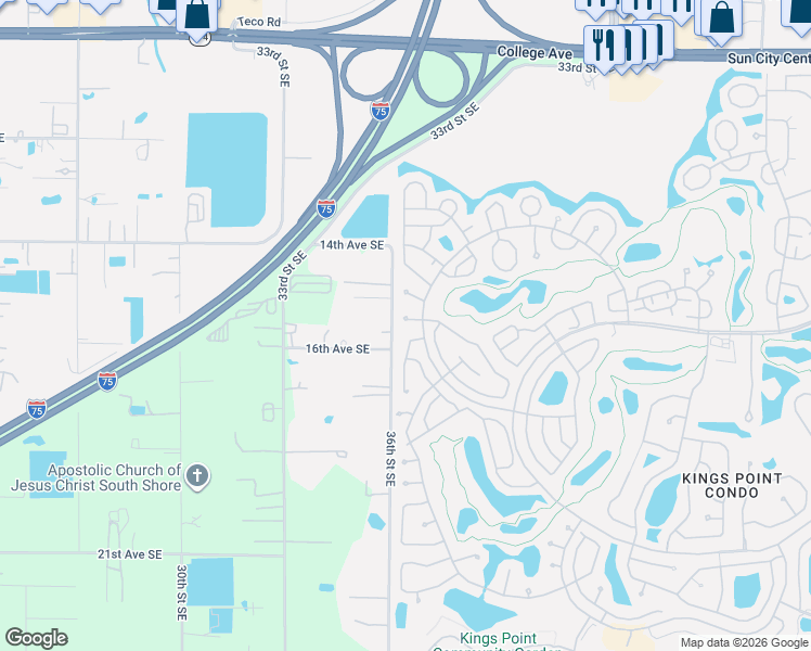 map of restaurants, bars, coffee shops, grocery stores, and more near 1703 Hammersmith Drive in Sun City Center