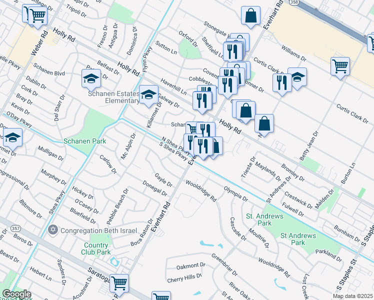 map of restaurants, bars, coffee shops, grocery stores, and more near 5855 Everhart Road in Corpus Christi
