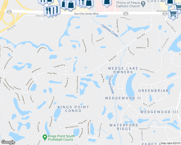 map of restaurants, bars, coffee shops, grocery stores, and more near 809 Kings Boulevard in Sun City Center