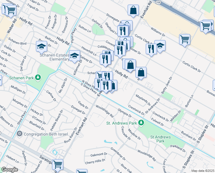 map of restaurants, bars, coffee shops, grocery stores, and more near 5850 Everhart Road in Corpus Christi