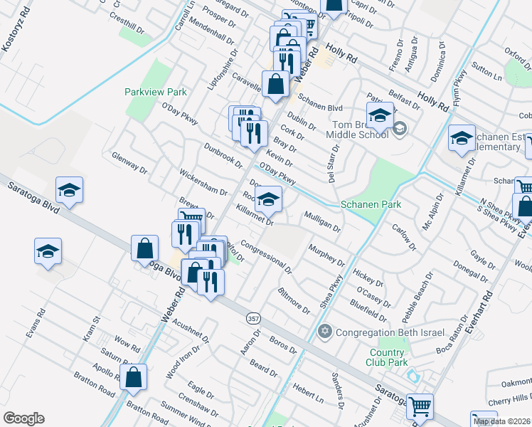 map of restaurants, bars, coffee shops, grocery stores, and more near 4042 Rooney Drive in Corpus Christi