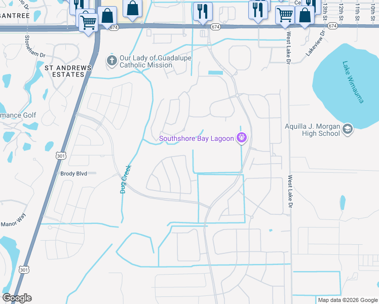 map of restaurants, bars, coffee shops, grocery stores, and more near 1809 West Lake Drive in Wimauma