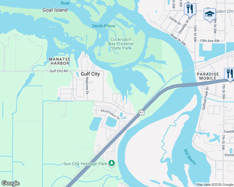 map of restaurants, bars, coffee shops, grocery stores, and more near 1662 Wheelhouse Circle in Ruskin