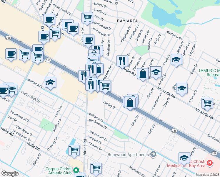 map of restaurants, bars, coffee shops, grocery stores, and more near 6210 South Padre Island Drive in Corpus Christi
