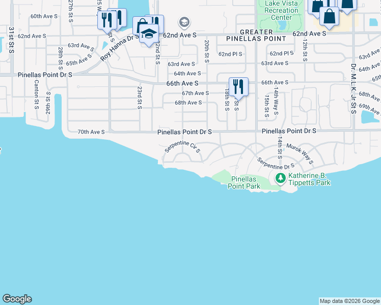 map of restaurants, bars, coffee shops, grocery stores, and more near 2027 Inner Circle South in St. Petersburg