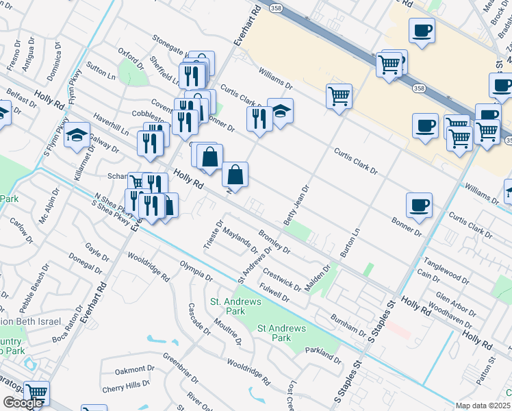 map of restaurants, bars, coffee shops, grocery stores, and more near 5034 Holly Road in Corpus Christi