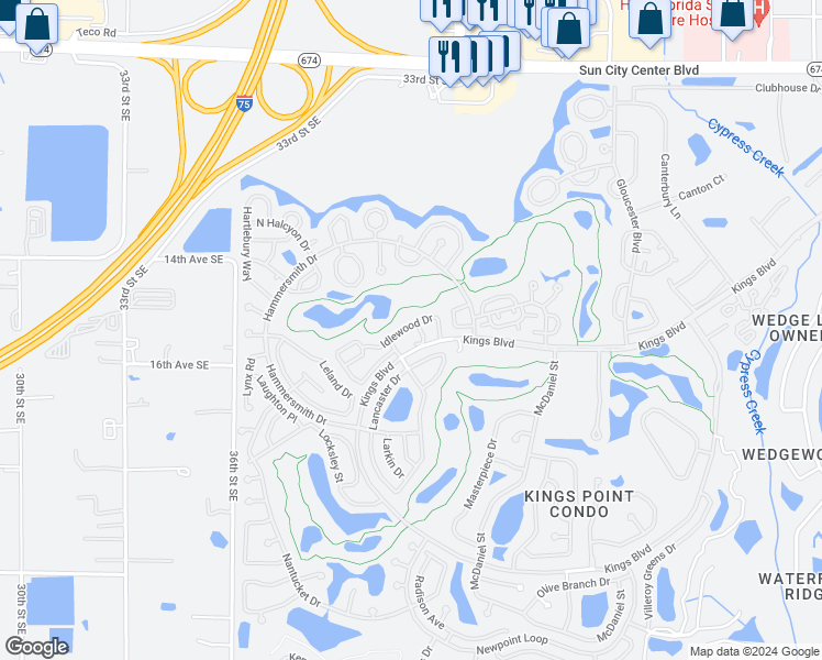 map of restaurants, bars, coffee shops, grocery stores, and more near 1321 Idlewood Drive in Sun City Center