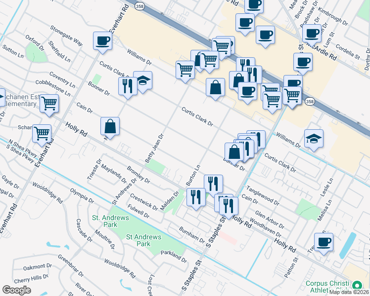 map of restaurants, bars, coffee shops, grocery stores, and more near 5237 Bonner Drive in Corpus Christi