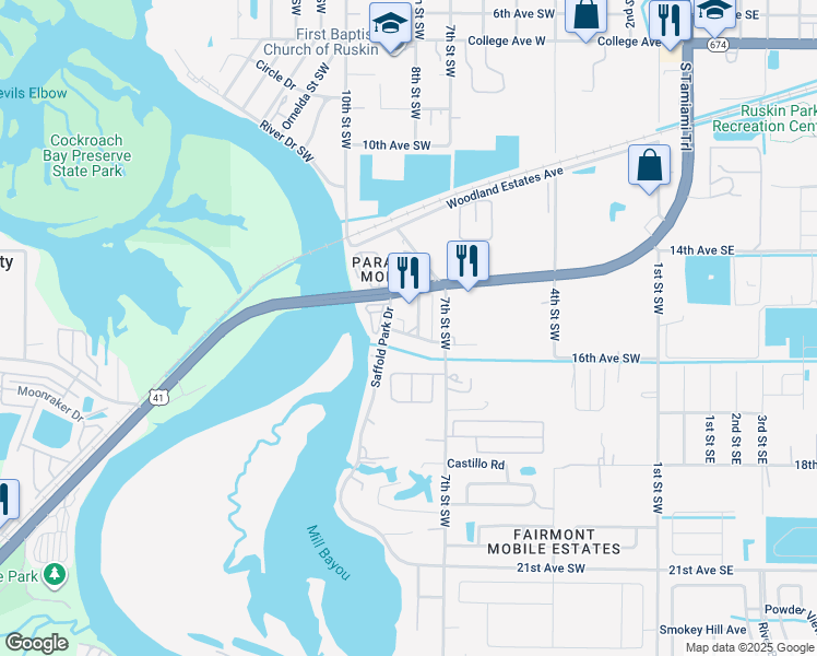 map of restaurants, bars, coffee shops, grocery stores, and more near 805 16th Avenue Southwest in Ruskin