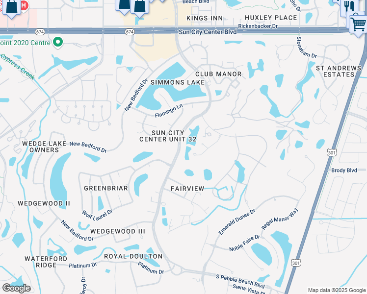 map of restaurants, bars, coffee shops, grocery stores, and more near 1740 South Pebble Beach Boulevard in Sun City Center