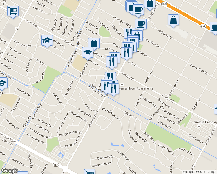 map of restaurants, bars, coffee shops, grocery stores, and more near 5855 Everhart Road in Corpus Christi