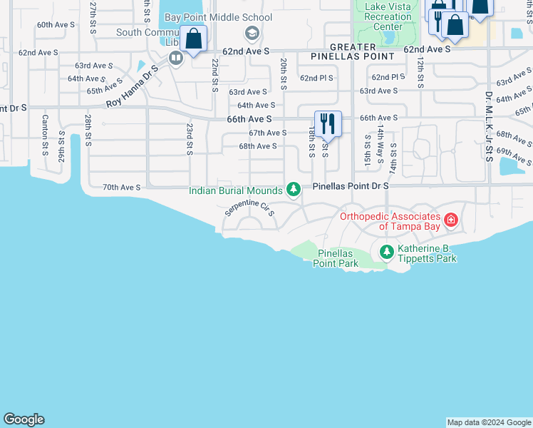 map of restaurants, bars, coffee shops, grocery stores, and more near 1950 Serpentine Circle South in Saint Petersburg