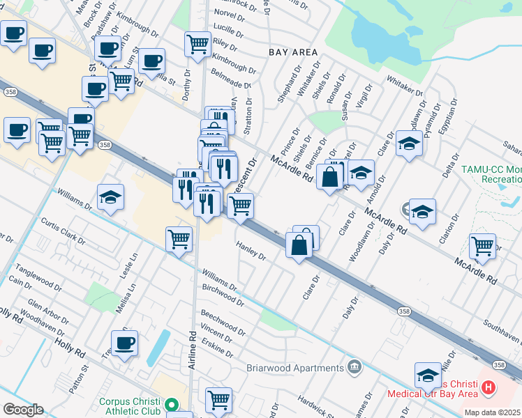 map of restaurants, bars, coffee shops, grocery stores, and more near 6210 South Padre Island Drive in Corpus Christi
