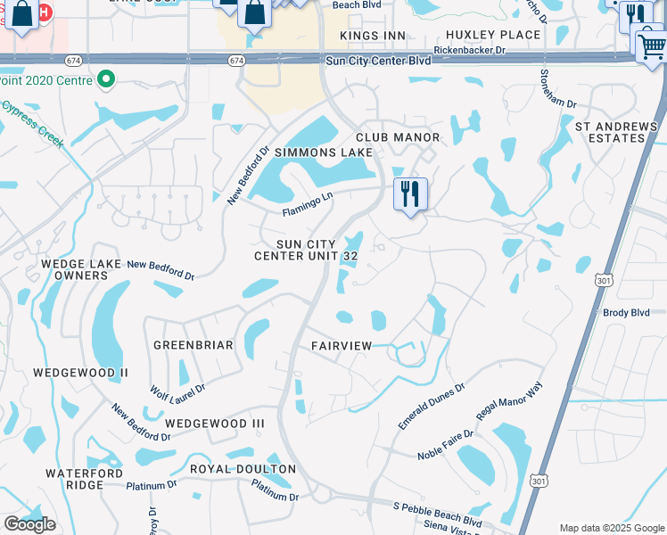 map of restaurants, bars, coffee shops, grocery stores, and more near 1740 South Pebble Beach Boulevard in Sun City Center