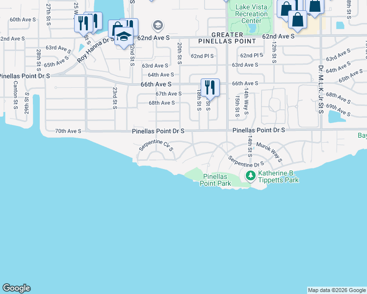 map of restaurants, bars, coffee shops, grocery stores, and more near 1835 Serpentine Drive South in St. Petersburg