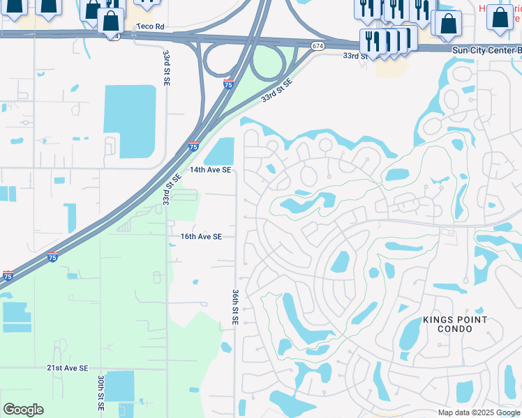 map of restaurants, bars, coffee shops, grocery stores, and more near 1703 Hammersmith Drive in Sun City Center