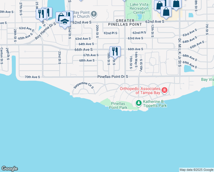 map of restaurants, bars, coffee shops, grocery stores, and more near 7100 Bethel Way South in St. Petersburg