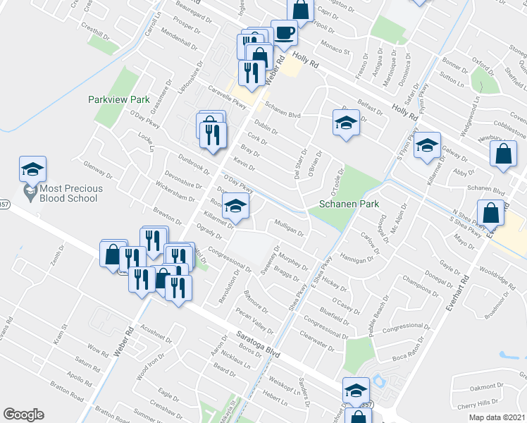 map of restaurants, bars, coffee shops, grocery stores, and more near 4109 Rooney Drive in Corpus Christi