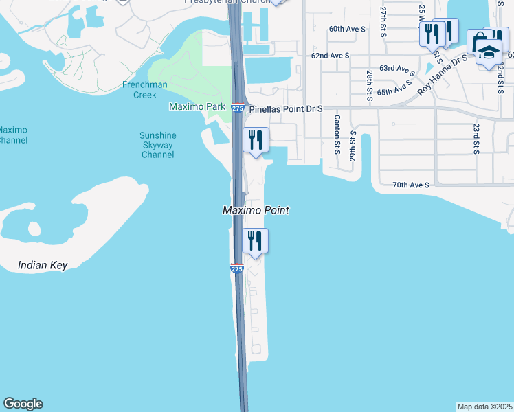 map of restaurants, bars, coffee shops, grocery stores, and more near 7100 Sunshine Skyway Lane South in St. Petersburg