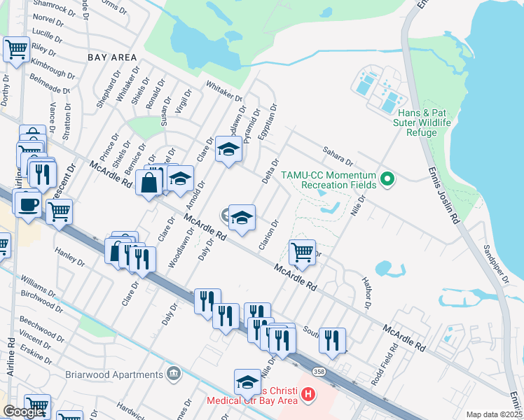 map of restaurants, bars, coffee shops, grocery stores, and more near 1141 Delta Drive in Corpus Christi