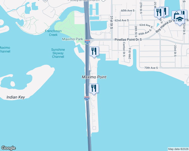 map of restaurants, bars, coffee shops, grocery stores, and more near 7100 Sunshine Skyway Lane South in St. Petersburg