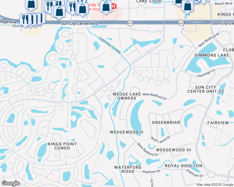 map of restaurants, bars, coffee shops, grocery stores, and more near 320 Knottwood Court in Sun City Center