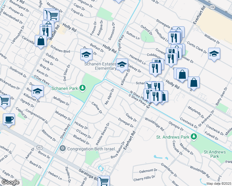 map of restaurants, bars, coffee shops, grocery stores, and more near 5909 Killarmet Drive in Corpus Christi