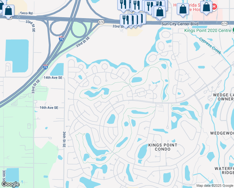 map of restaurants, bars, coffee shops, grocery stores, and more near 1321 Idlewood Drive in Sun City Center