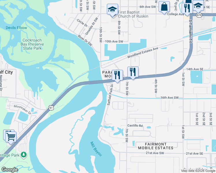 map of restaurants, bars, coffee shops, grocery stores, and more near 1510 Saffold Park Drive in Ruskin