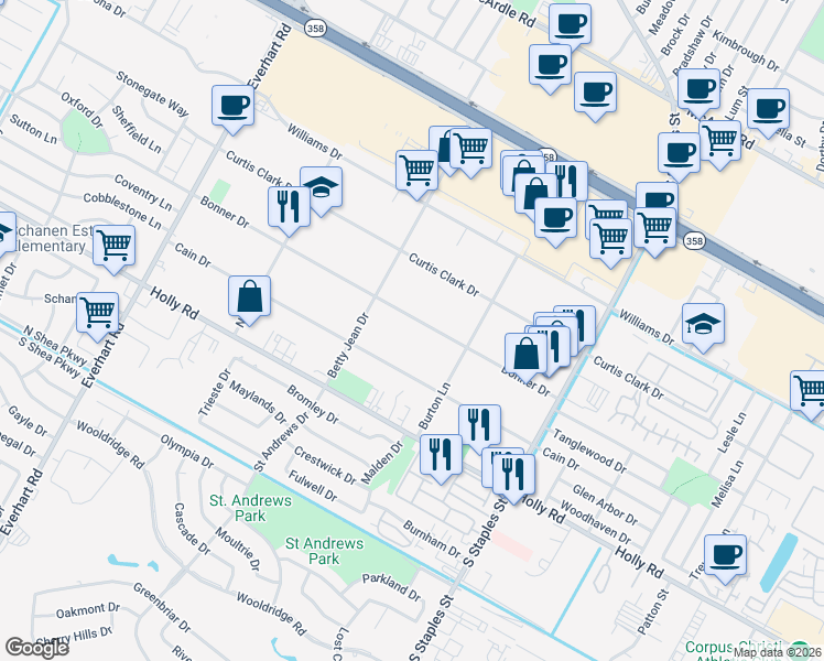 map of restaurants, bars, coffee shops, grocery stores, and more near 5237 Bonner Drive in Corpus Christi