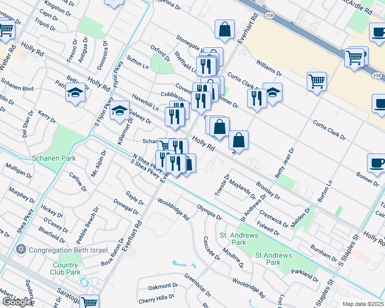 map of restaurants, bars, coffee shops, grocery stores, and more near 5850 Everhart Road in Corpus Christi