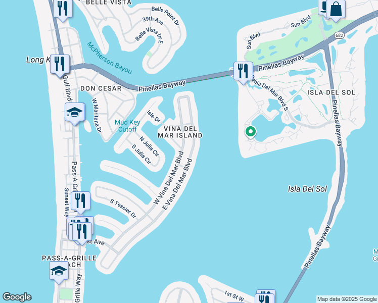 map of restaurants, bars, coffee shops, grocery stores, and more near 2901 East Vina Del Mar Boulevard in St. Pete Beach
