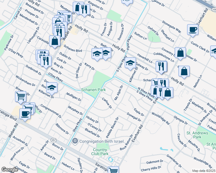 map of restaurants, bars, coffee shops, grocery stores, and more near 4410 O'Malley Drive in Corpus Christi