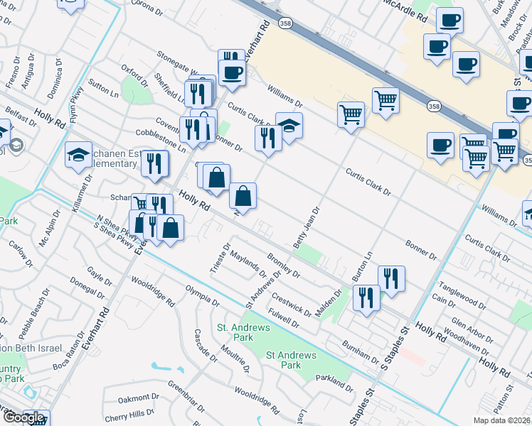 map of restaurants, bars, coffee shops, grocery stores, and more near 5034 Holly Road in Corpus Christi