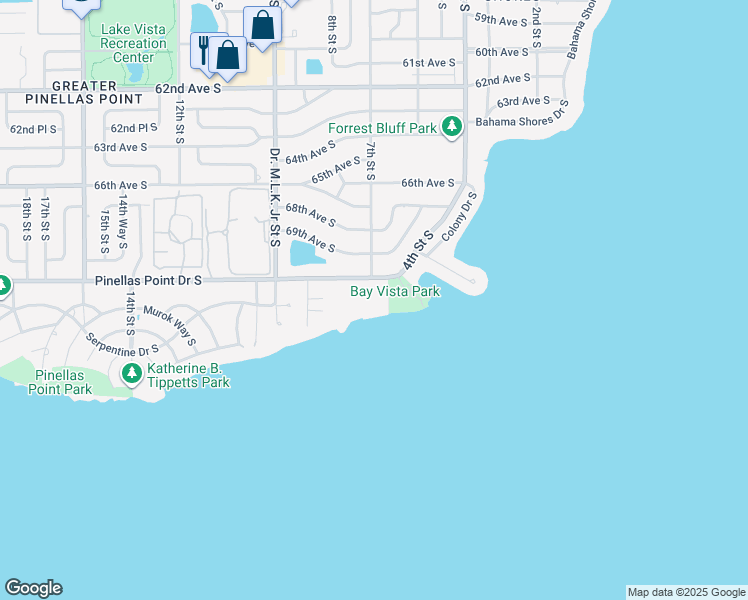 map of restaurants, bars, coffee shops, grocery stores, and more near 650 Pinellas Point Drive South in St. Petersburg
