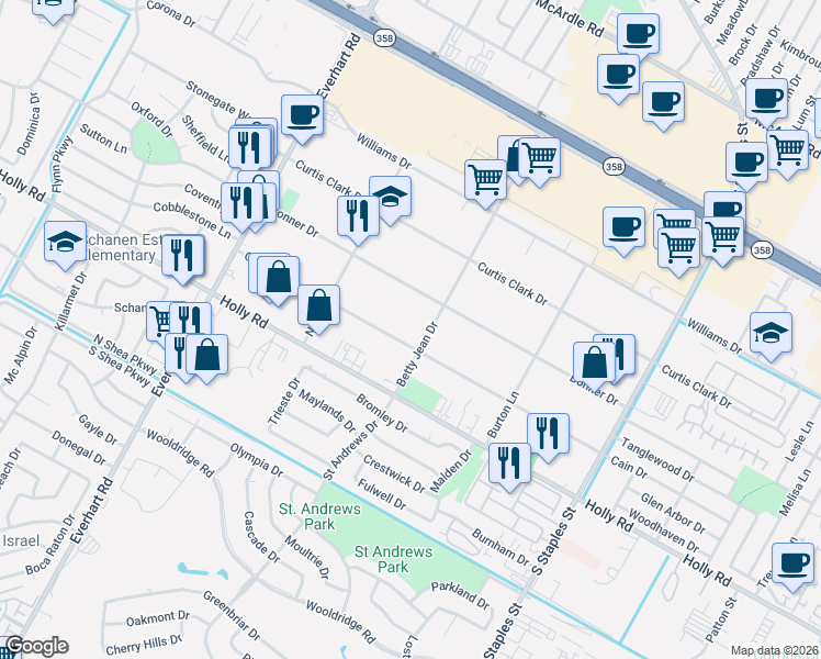 map of restaurants, bars, coffee shops, grocery stores, and more near 5117 Cain Drive in Corpus Christi