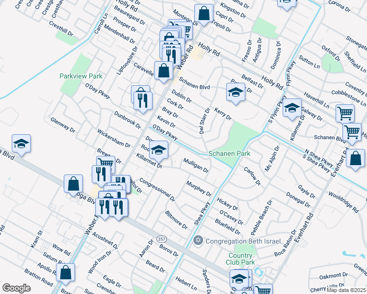 map of restaurants, bars, coffee shops, grocery stores, and more near 4214 Mulligan Drive in Corpus Christi