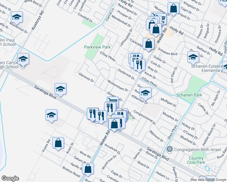 map of restaurants, bars, coffee shops, grocery stores, and more near 3814 Brewton Drive in Corpus Christi