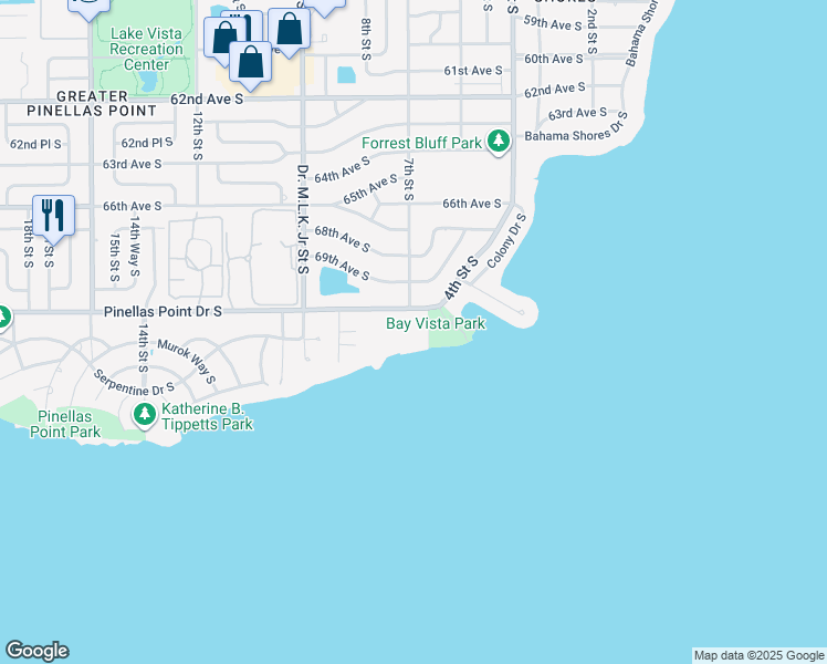 map of restaurants, bars, coffee shops, grocery stores, and more near 650 Pinellas Point Drive South in St. Petersburg