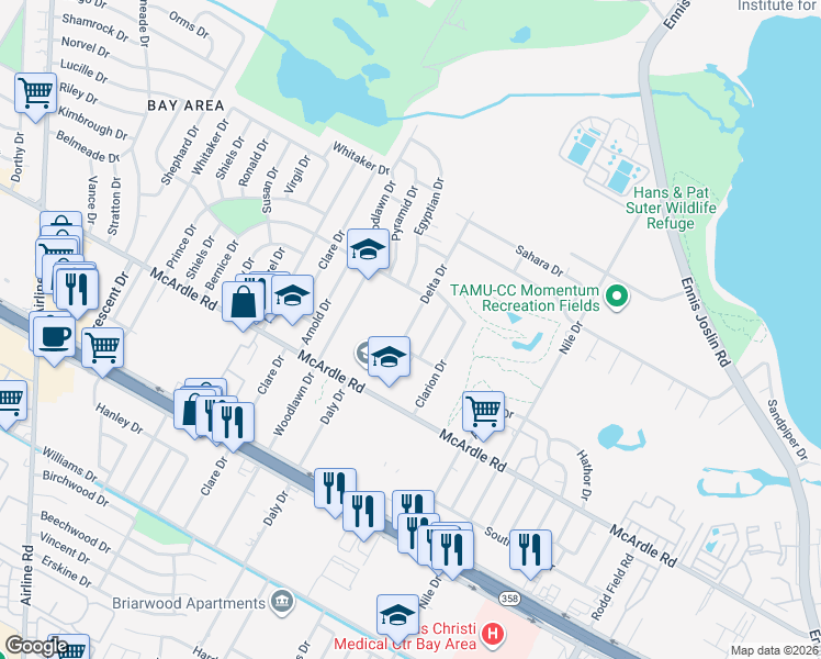 map of restaurants, bars, coffee shops, grocery stores, and more near 1129 Delta Drive in Corpus Christi