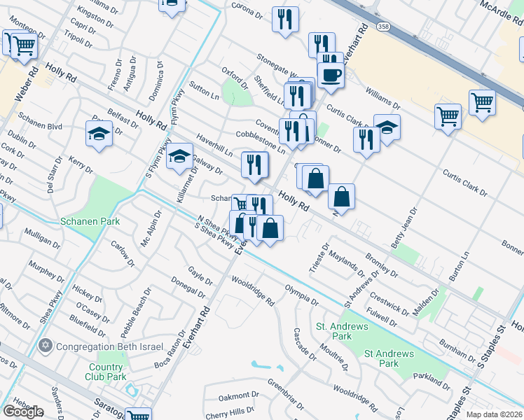 map of restaurants, bars, coffee shops, grocery stores, and more near 5850 Everhart Road in Corpus Christi