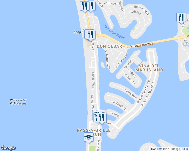 map of restaurants, bars, coffee shops, grocery stores, and more near 2908 Pass a Grille Way in St. Pete Beach