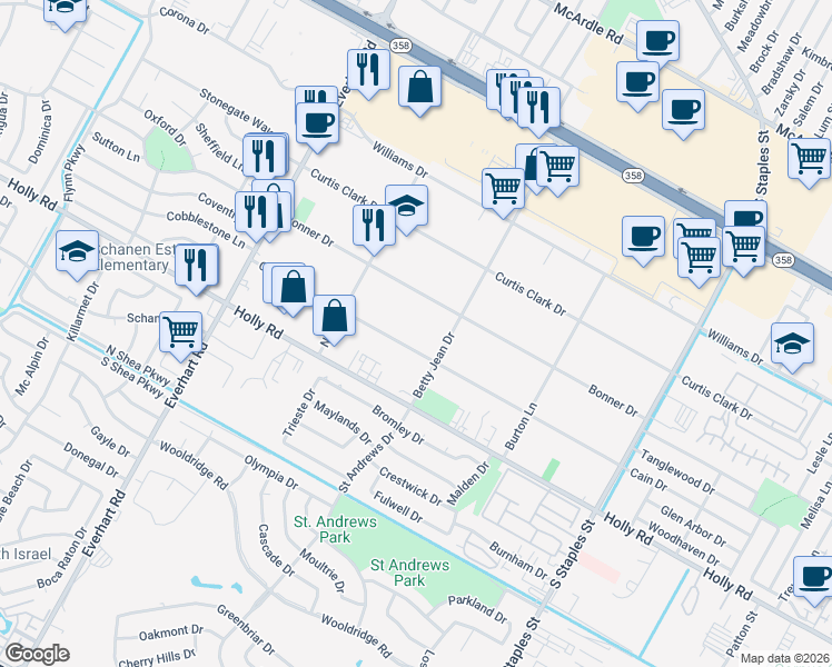 map of restaurants, bars, coffee shops, grocery stores, and more near 5040 Cain Drive in Corpus Christi