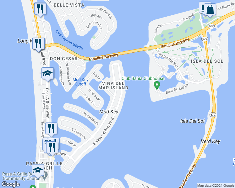 map of restaurants, bars, coffee shops, grocery stores, and more near 2963 West Vina Del Mar Boulevard in St. Pete Beach