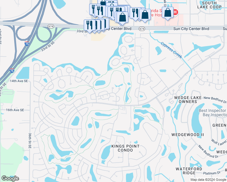map of restaurants, bars, coffee shops, grocery stores, and more near 2102 Hembury Place in Sun City Center